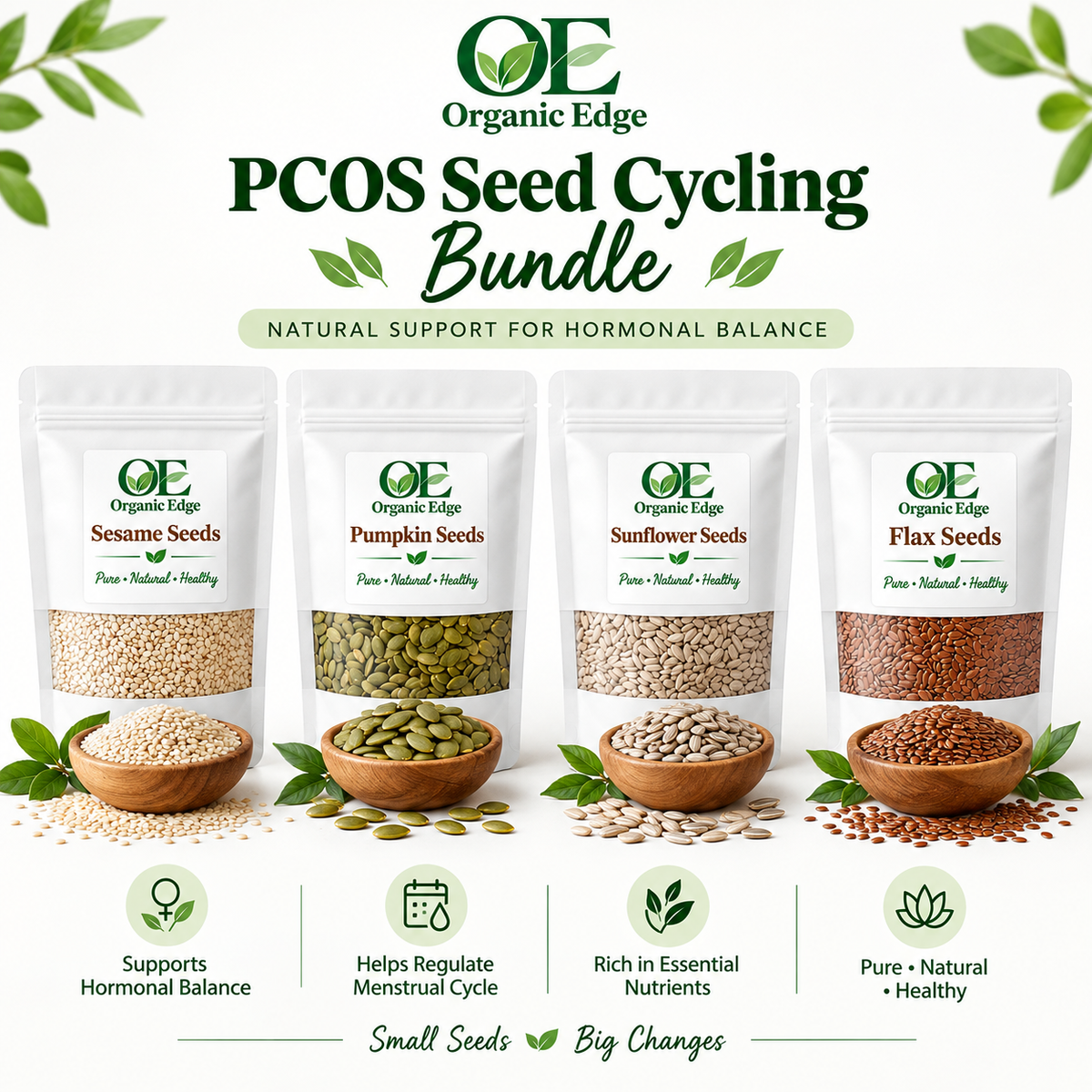 PCOS Seed Cycling Bundle | Flax, Pumpkin, Sesame & Sunflower Seeds
